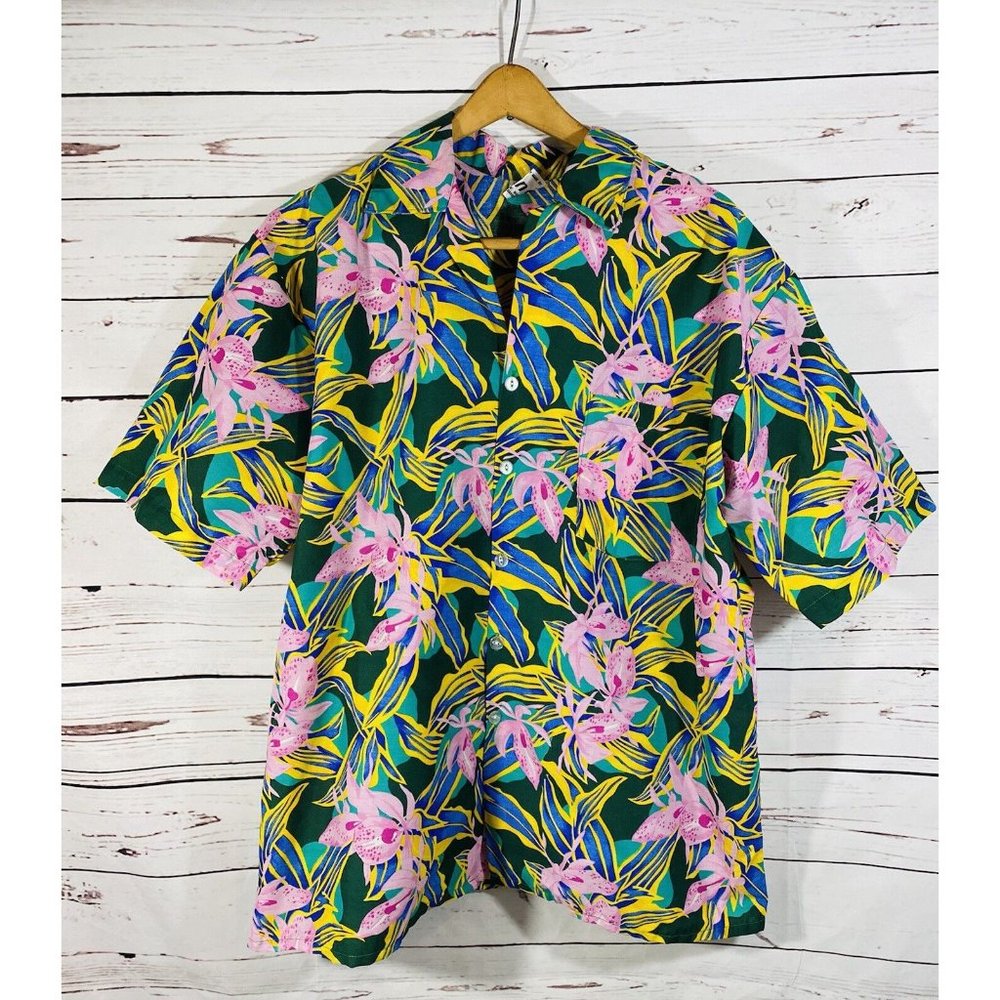 King Brand Tropical Dress Shirt Mens XL Short Sleeve Barbados Oversized Button